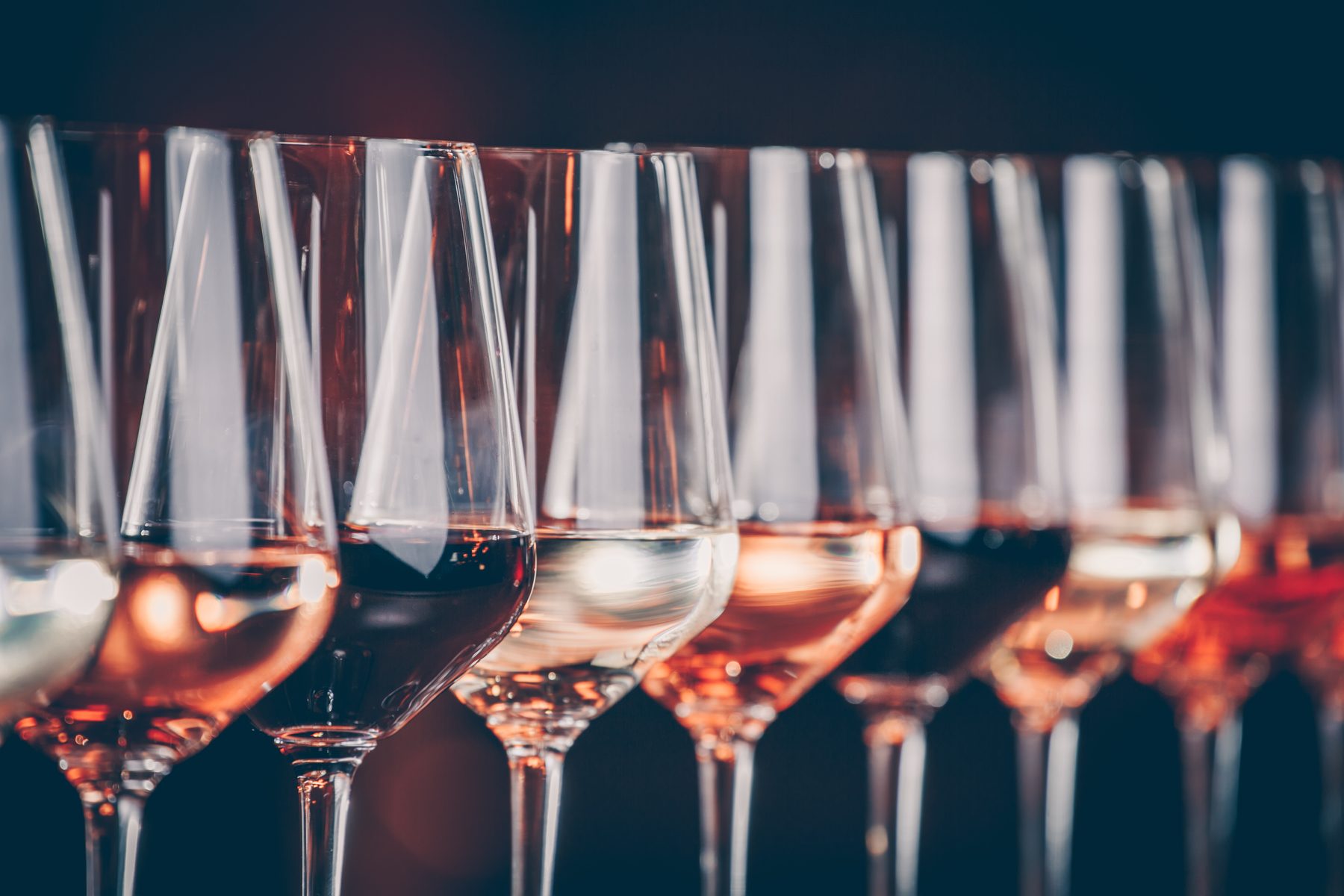 A row of wine glasses poured and lined up for a tasting